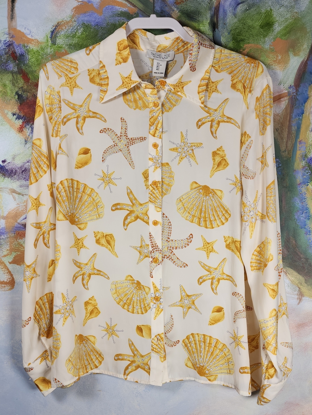 Rachel Zoe Cream Blouse with Yellow Seashell & Starfish Print
